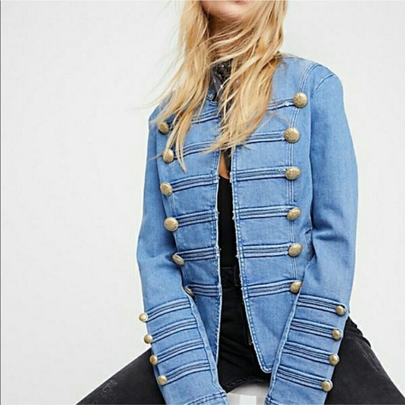 Free People Embellished Denim Military Jacket Sz:L - Picture 4 of 8